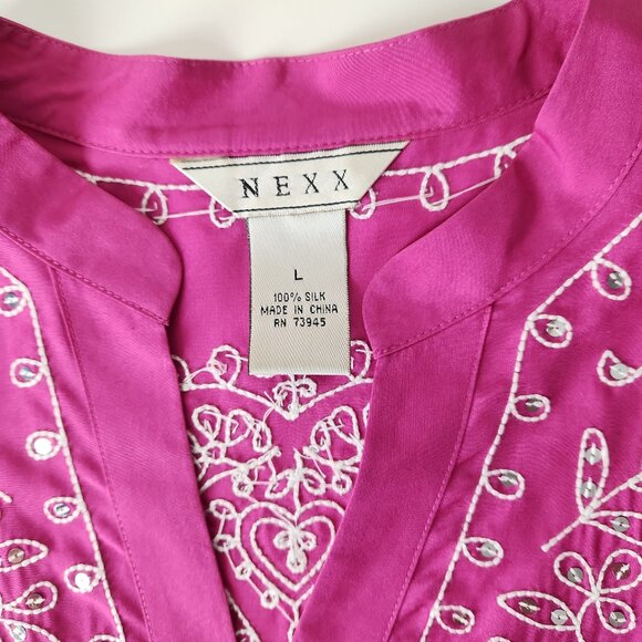 NEXX 100% Silk button down tunic blouse top hot pink embroidered sequins Sz L - Picture 7 of 12